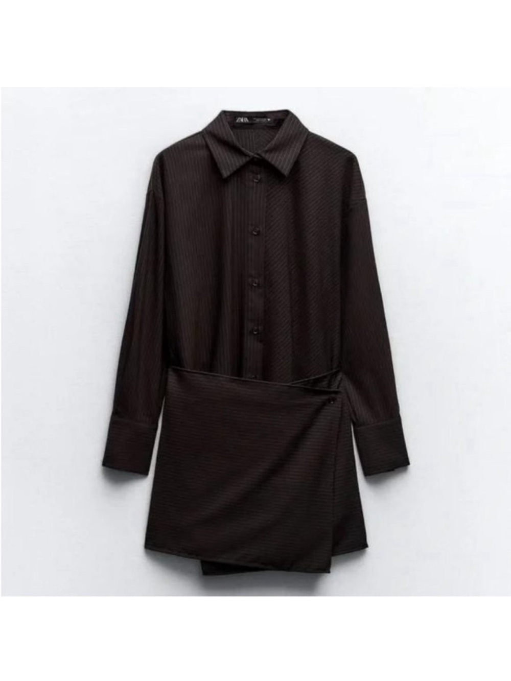 Zara Black Long-Sleeve Button-Up Tunic with Asymmetrical Wrap Hem - Picture 1 of 3